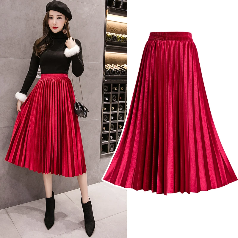 Invierno 2018! Falda plisada para mujer, falda larga elástica de cintura alta para mujer, Falda Midi de alta calidad para mujer para otoño, falda Saia|Faldas| - AliExpress