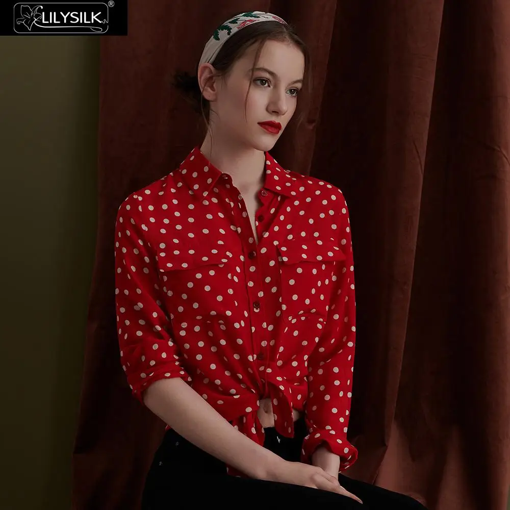Женская шелковая блузка LilySilk винтажная в горошек новинка бесплатная
