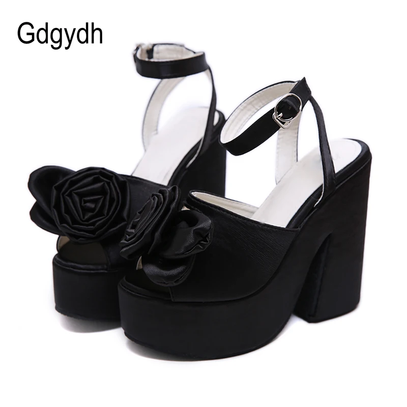 

Gdgydh Open Toe Platform Sandals Women Block Heels Ankle Buckle Fashion Flowers Suede Black Pink Hoof Heels Lady Footwear