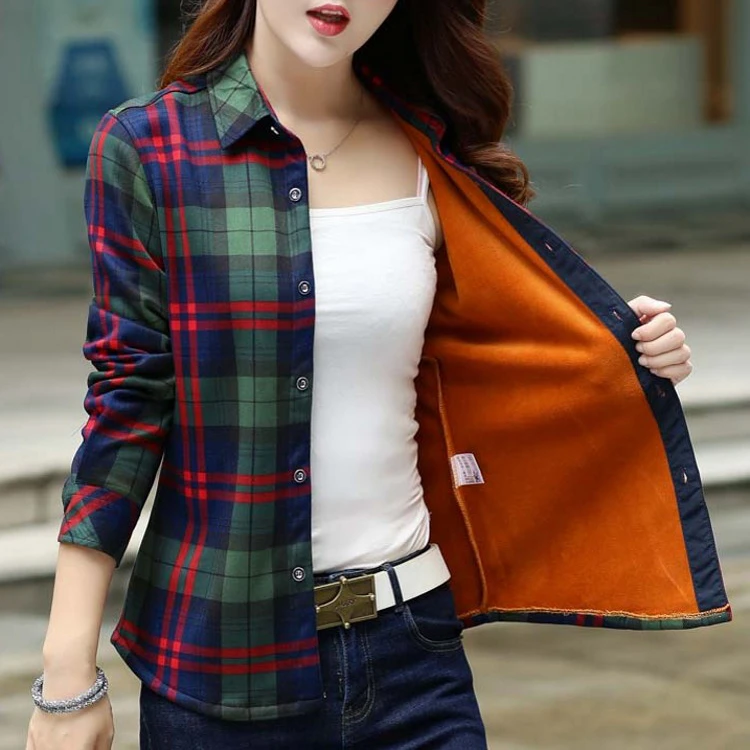 Camisa de mujer de invierno de camisa de tela escocesa de manga larga ropa de mujer de talla grande señoras Tops rayado grueso cálido abrigo|Blusas y camisas| - AliExpress