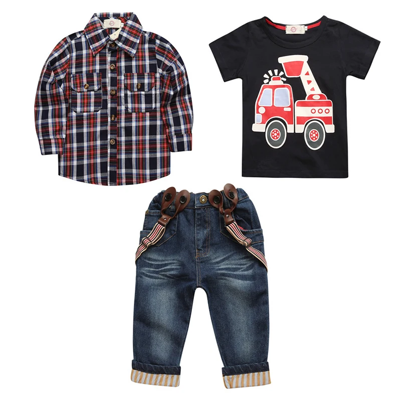 

New Boys Casual Clothes Set Plaid Blouse + T-shirt + Jeans 3pcs Clothing Sets For Little Boys Overalls Costumes Crianca Roupas