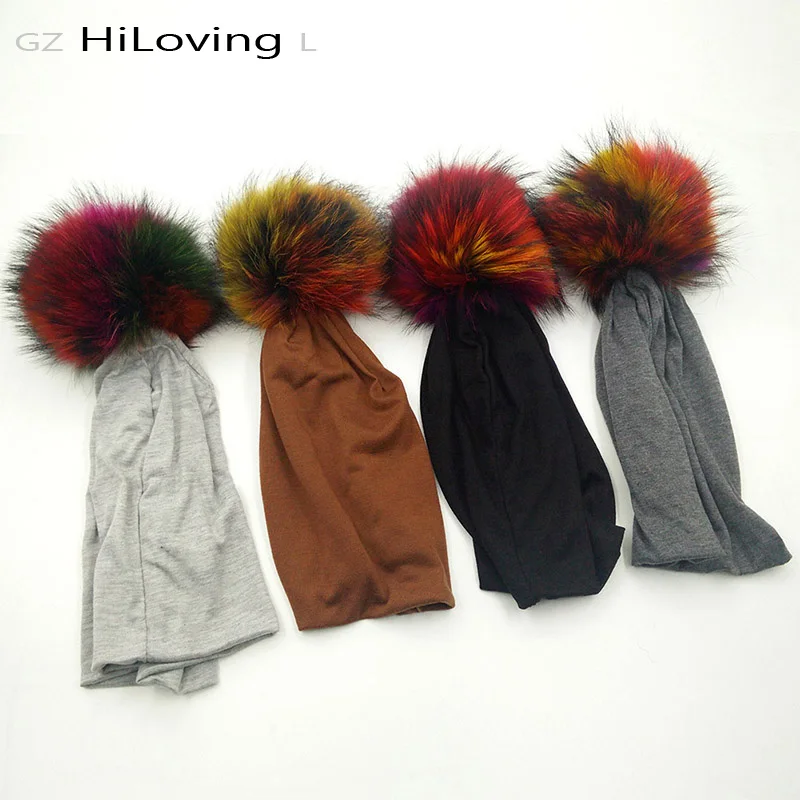 GZHilovingL Winter Polyester font b Womens b font Slouch Beanie Hats With Multi Color Real Fur