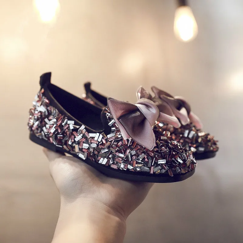 Autumn New Kids' Leather Shoes with Butterfly Knot Princess Shoes Big Bowknot Girls Flats with Sequins Flat Heel Slip On