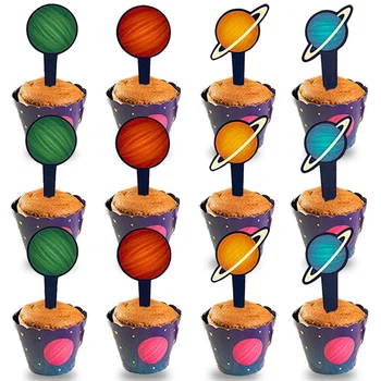 

36set Outer Space Party Supplies Cupcake Topper Wrapper 5th 6th Birthday Party Boy Solar System Planet Theme Party Decorations