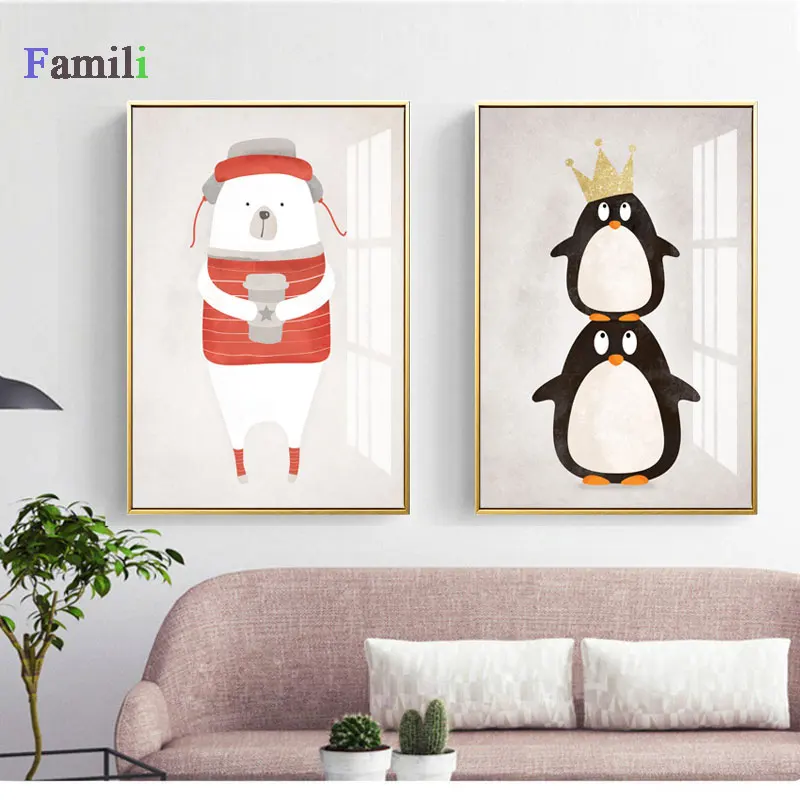 

Penguin Rabbit Art Print Canvas Spray Painting Poster Nursery Picture Printings Decoration Kids Baby Room Wall Decor No Frame