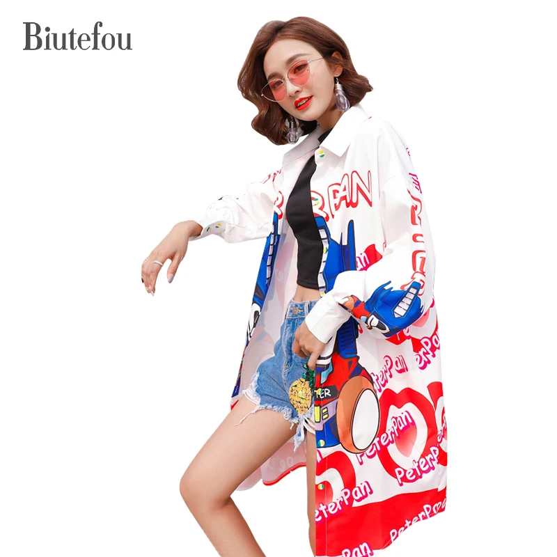 Женская длинная рубашка с мультяшным принтом весна осень 2021|fashion shirt women|shirt fashion