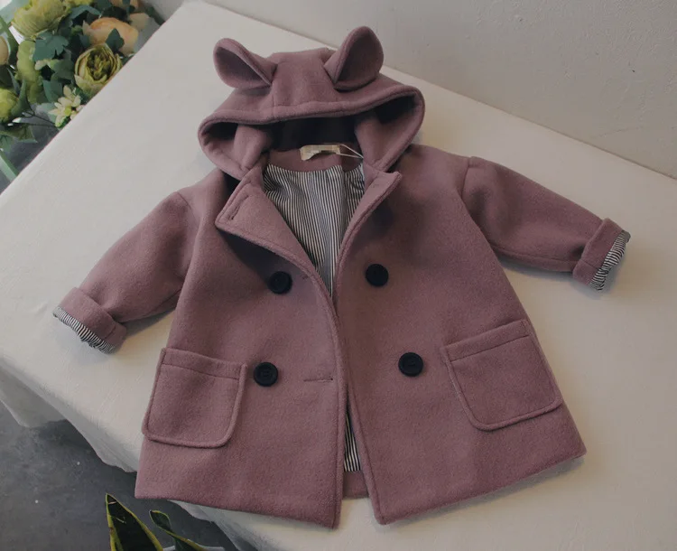 Пальто для девочек г. осенние двубортные шерстяные пальто с капюшоном и заячьими ушками верхняя одежда фиолетового и серого цвета для детей от 2 до 6 лет, P8275