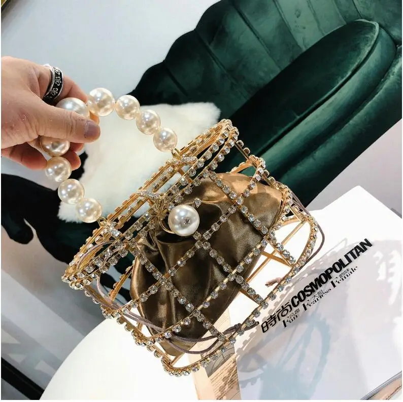 Luxury Diamonds Women's Handbag Fashion Designer Clutch Evening Bag Bead Pearls Top Handle Bag Tote Busket Cage Shape Party Bag