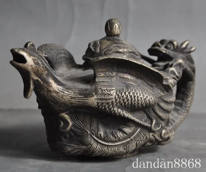 

christmas old china fengshui silver dragon handle phoenix bird statue Wine Tea Pot Flagon halloween
