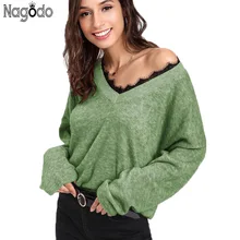 Nagodo Cashmere Sweater Women 2019 New Sweet Knit Pullovers Casual V-neck Off Shoulder Lace Side Sweaters Mujer Pull Femme
