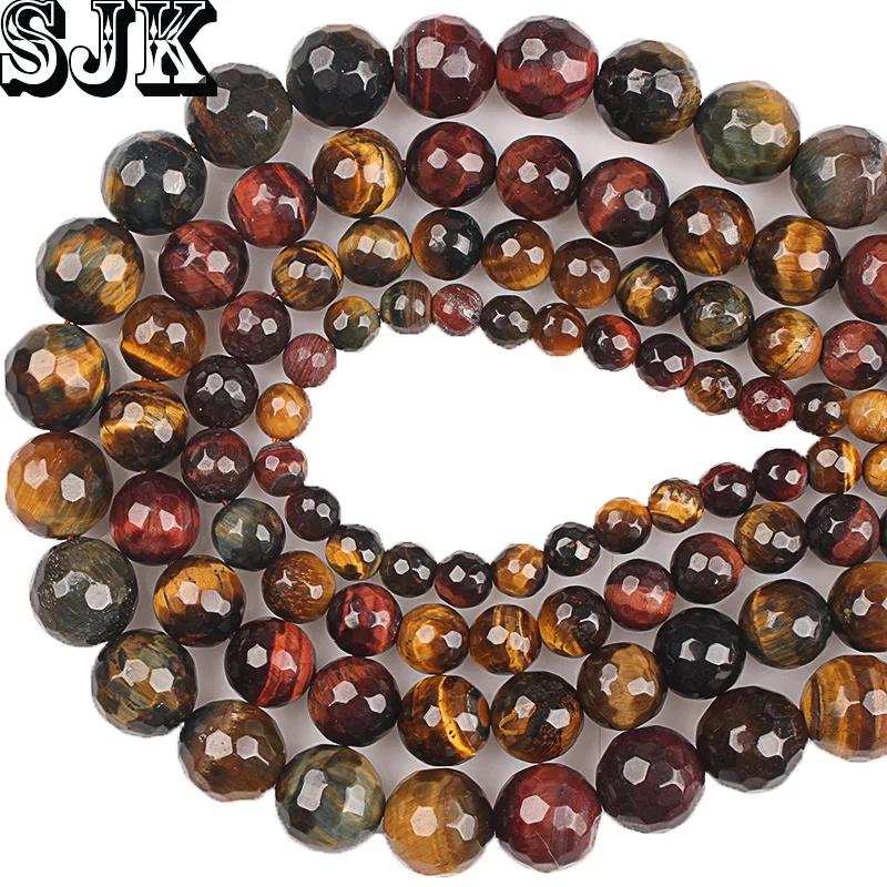 

Natural Stone Faceted Red Yellow Blue Mixed Tiger Eye Stone Round Loose Beads 6 8 10 12mm For Bracelet Necklace Jewelry Making