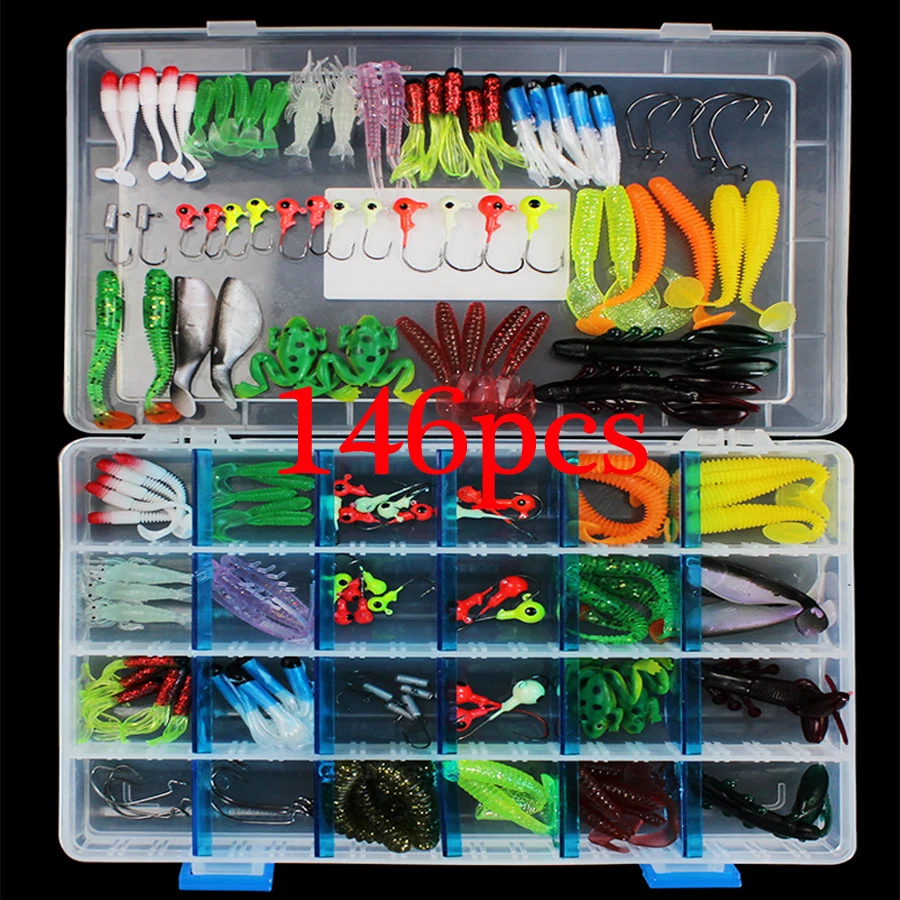 

146pcs Fishing Lures Lead Head Jig Head Hooks Baits Shrimp Frog Soft Fish Lure Fishing Tackle Lure Kit Crankbait Dropshipping