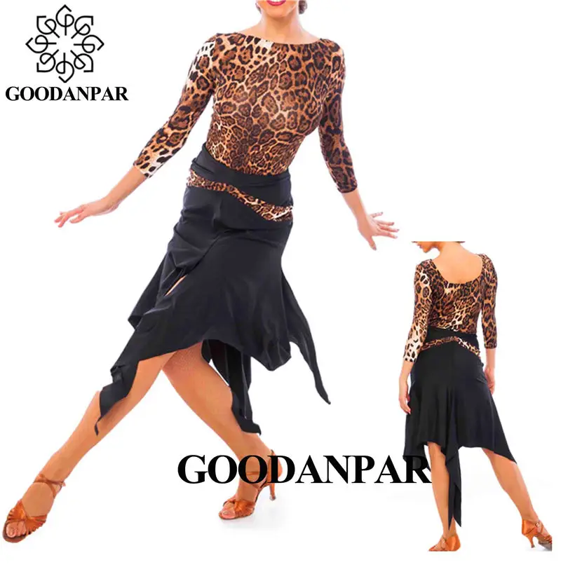 

GOODANPAR Latin Practice Dance Dresses Women Ladies Sexy Leopard Print Latin Dress With Bra Coverall Salsa Rumba Dance Wear