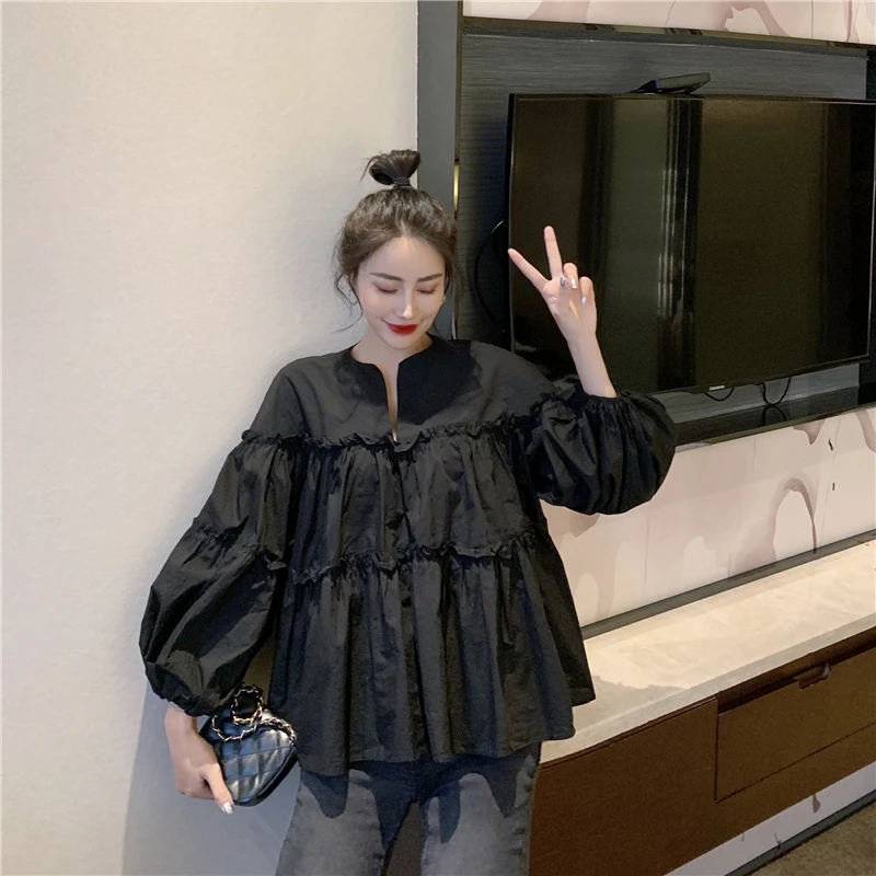 2019 الربيع و الصيف الكورية الحلو قمصان القطن عارضة كامل الخامس الرقبة نفخة كم قميص المرأة الأنيقة