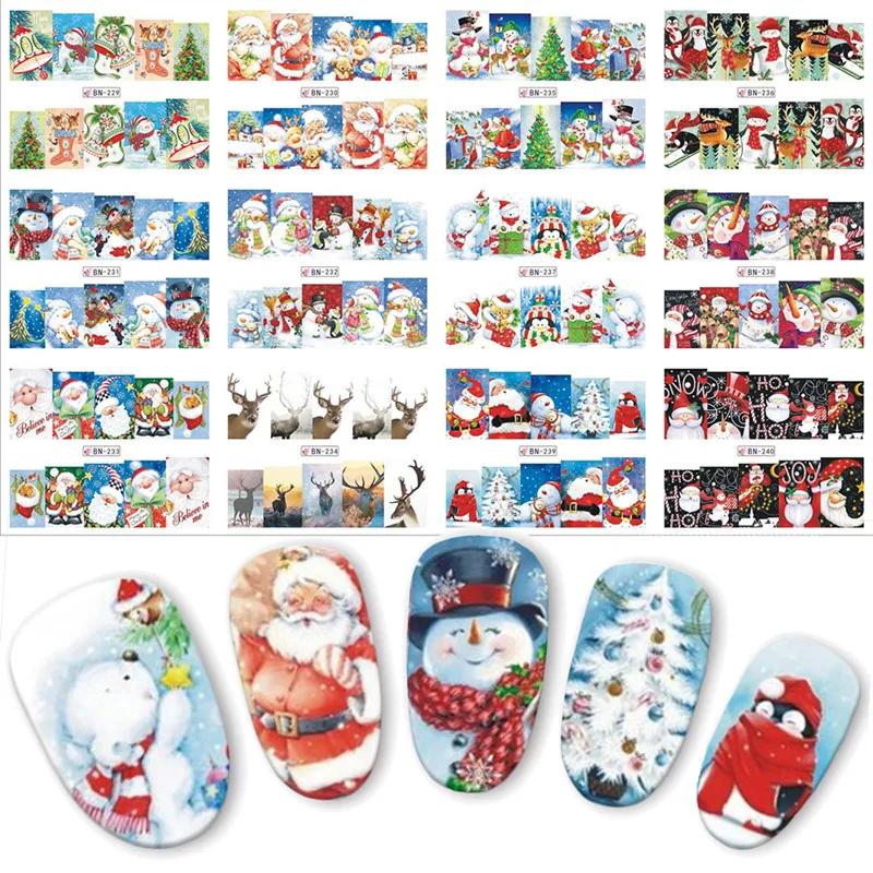 

12 Designs In 1 Set Winter Christmas Style Snowflake Full Wraps Nail Art Water Transfer Stickers Manicure Decals DIY BN229-240
