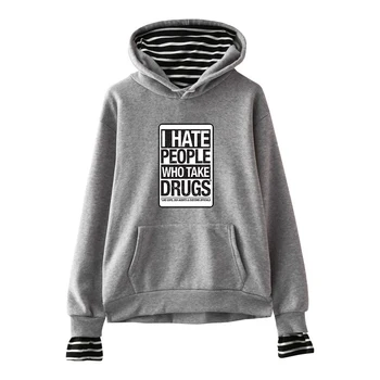 

I Hate People printed stripe fake two-piece unisex fashion long-sleeved hooded casual sweatshirt couple decorative pocket top