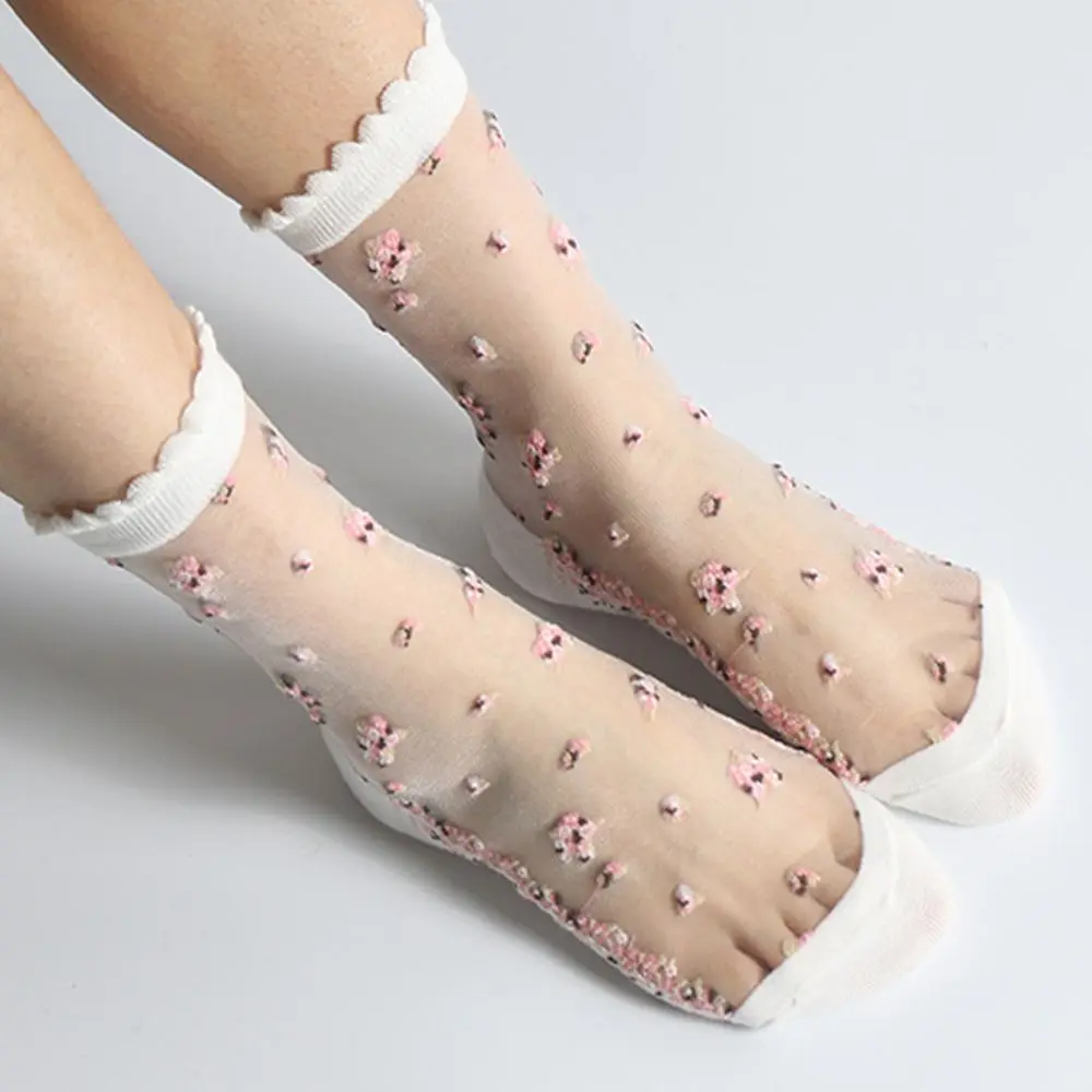Fashion Elastic Socks Crystal Glass Silk Ultrathin Lace Literary Sale 1 Pair Summer Transparent Jacquard Short Socks