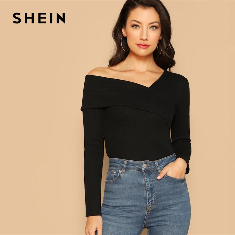 

SHEIN Black Off the Shoulder Foldover Asymmetrical Neck Fitted Plain Top 2019 Spring Casual Women Modern Lady Tshirt Top