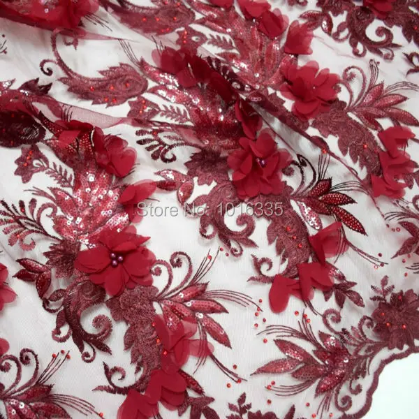 

2017 Wine red 3D flowers handmade beaded french bridal lace fabric for wedding dress 1 yard