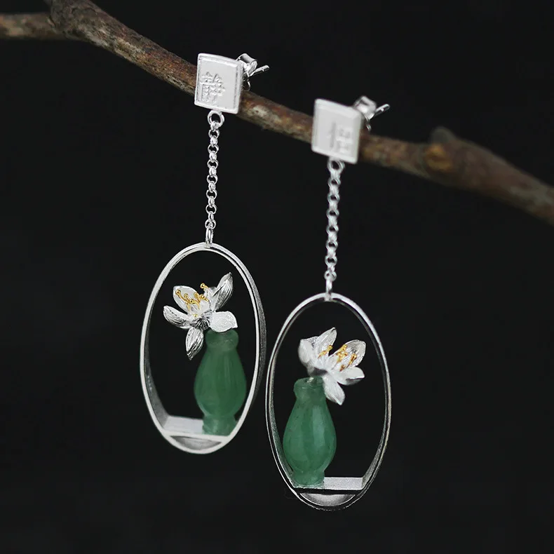 

CMAJOR Original 925 Sterling Silver Jade Vase Lotus Flower Charm Earrings Women Girls Handmade Fine Jewelry Wholesale