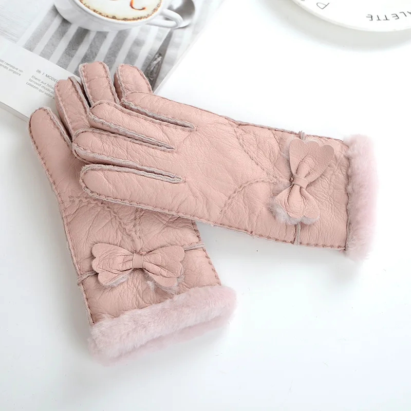 Для женщин Перчатки зимние теплые мягкий шерстяной мех кожа Перчатки MZ104