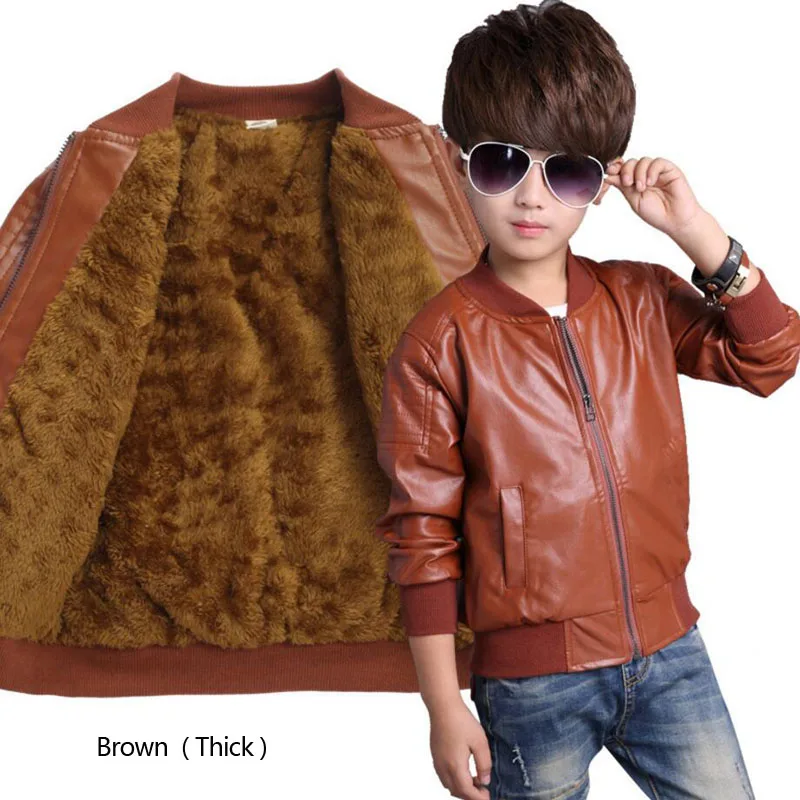 Детская одежда; кожаная куртка для маленьких мальчиков; Детские Модные Плотные куртки с круглым вырезом на осень-зиму; пальто для мальчиков; детская зимняя одежда - Цвет: brown thick jacket
