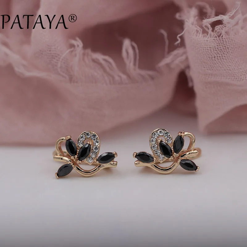 

PATAYA Romantic White Drop Earrings 585 Rose Gold Flower Design Black Natural Zirconia Bohemian Women Jewelry Wedding Earrings