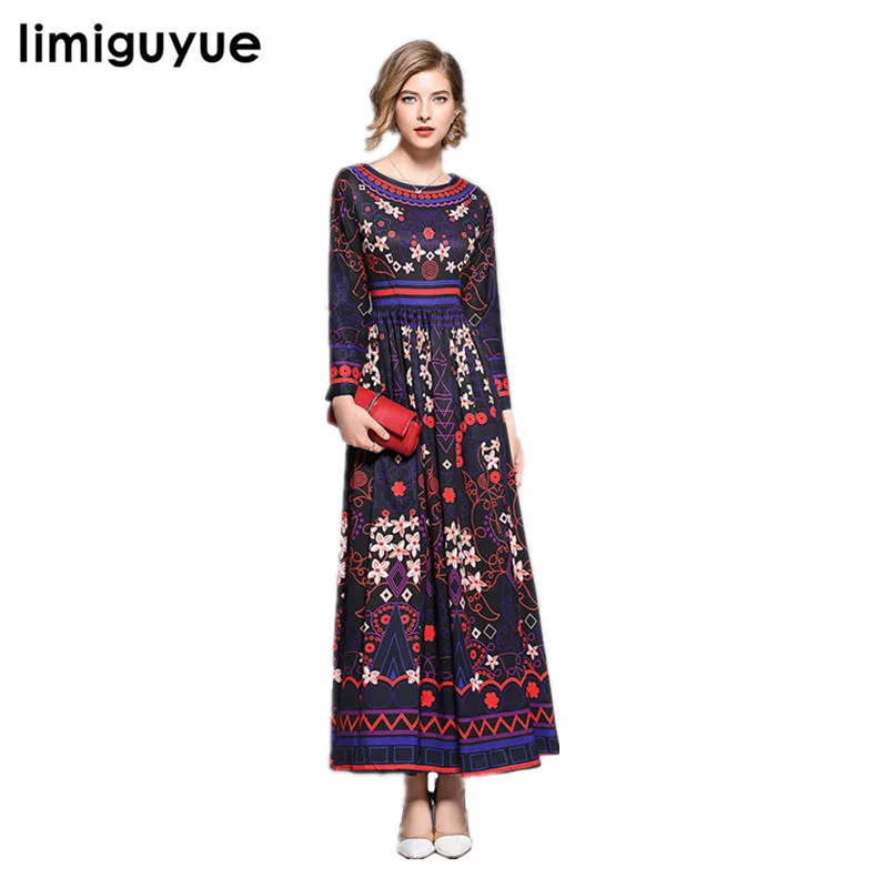 

limiguyue autumn long sleeve maxi party dress women o neck vintage floral print runway mexican hippie chic long dress W202