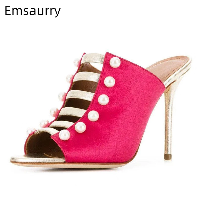 

Retro Style Cut Out Peep Toe High Heel Slippers Women Stiletto Heel Button Pearl Satin Narrow Band Fashion Outwear Lady Mules