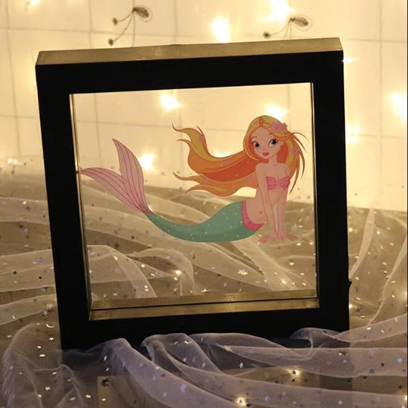 

Novelty Mermaid light up picture frame Acrylic Night Light Frame with white LED Light Wall Decoration Lamp USB and Battery P004