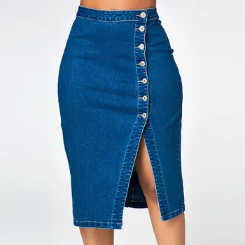 

2019 Women Blue Bodycon Denim Skirt Plus Size Pencil Skirt High Waisted Jeans Skirts