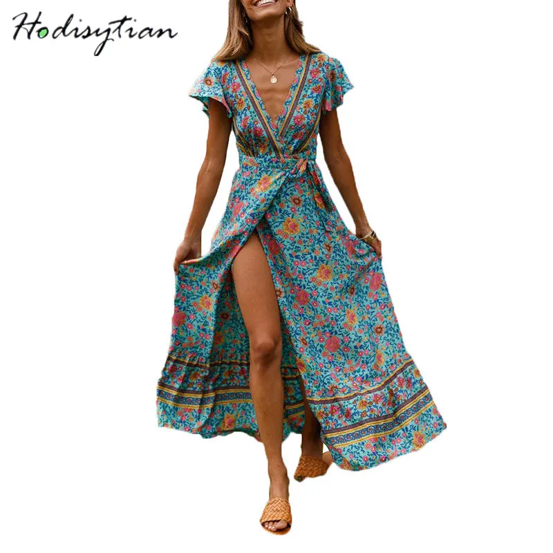 Hodisytian Летнее Платье Женское Vestidos с высоким разрезом богемный пляжный сарафан