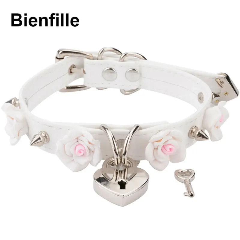 Online Punk gótico PU cuero hebilla collar gargantilla hecha a mano Kawaii Rosa flor collar plata corazón bloqueo con llave 8 colores