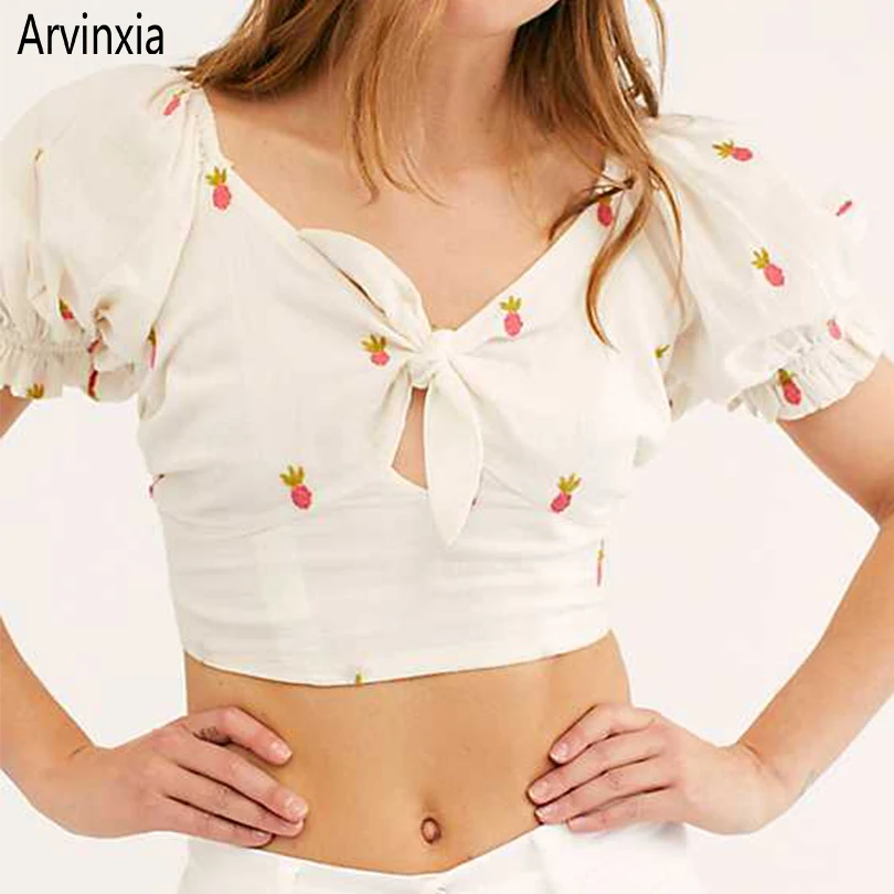 

Arvinxia ZA Sexy Embroidery Bow Tie Woman Summer Blouse Fashion High Waist Woman Beach Blouse Chic Streetwear Knot Ladies Shirts