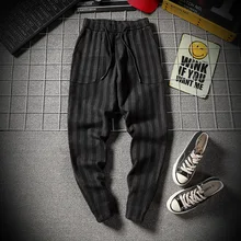 Fashion Casual Men's Trousers Autumn And Winter New M-5XL Striped Material Loose Feet Pants Black Personality Youth Popular