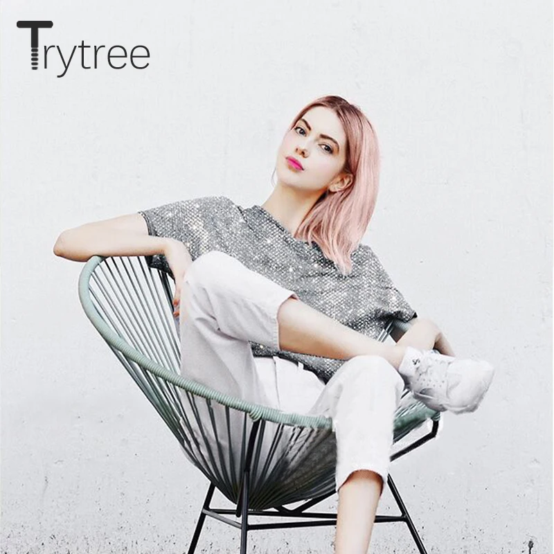 Trytree Spring Summer Women t shirt Casual Polyester tshirt Fashion O-Neck Pink Silver Tops clothes Solid Polyester Shirts
