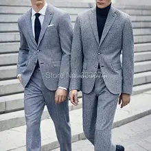 Шерстяной серый жениха смокинг, деловой костюм Повседневное Зауженный блейзер, строгий костюм для Для мужчин Свадебная вечеринка платье индивидуальный заказ 2 шт. Для мужчин костюмы