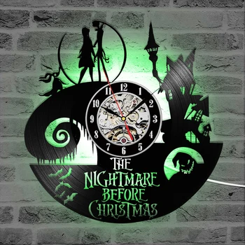 

The Nightmare Before Christmas Theme CD Record Clock 3D Jack and Sally Film Hanging LED Wall Clock Creative Antique Wall Clock