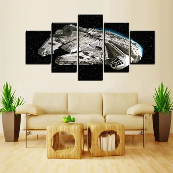 

5 Piece Canvas Wall Art - Illustration - Spaceship Crashed on Black Field Illustration Painting - Modern Home Decor