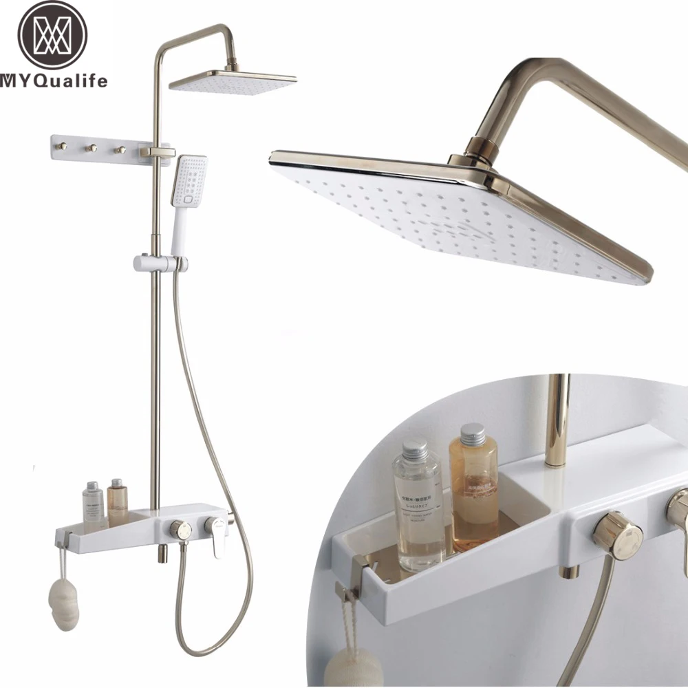 

White Color Rain Shower Faucet set Furniture Shower Mixer Tap Single Handle Shower Sytem with Storage Shelf Towel Hooks