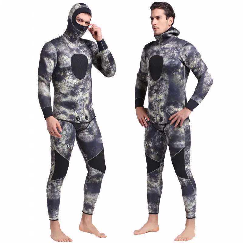 Камуфлированный гидрокостюм из двух частей, поставленных 2017 зима теплая купальник Рашгард мужчин 5мм неопрена подводное плавание дайвинг костюм гидрокостюмы
