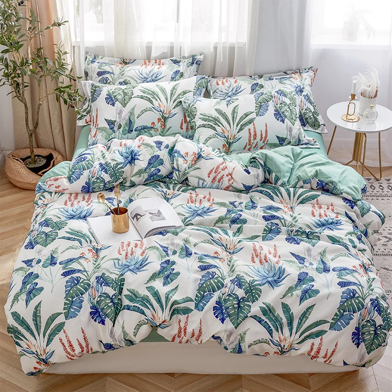 

Printing washing Silk imitation Duvet Cover Bed sheet Fitted sheet set King Size Queen Bedding Set Summer leaves