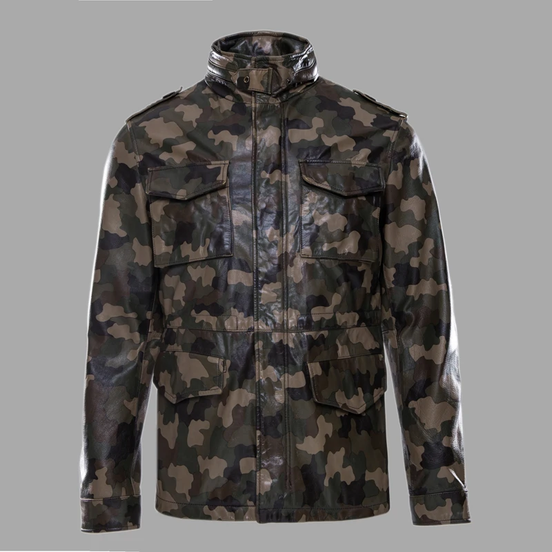 2017 Men Army overcoat genuine leather jacket Camouflage M65 outerwear