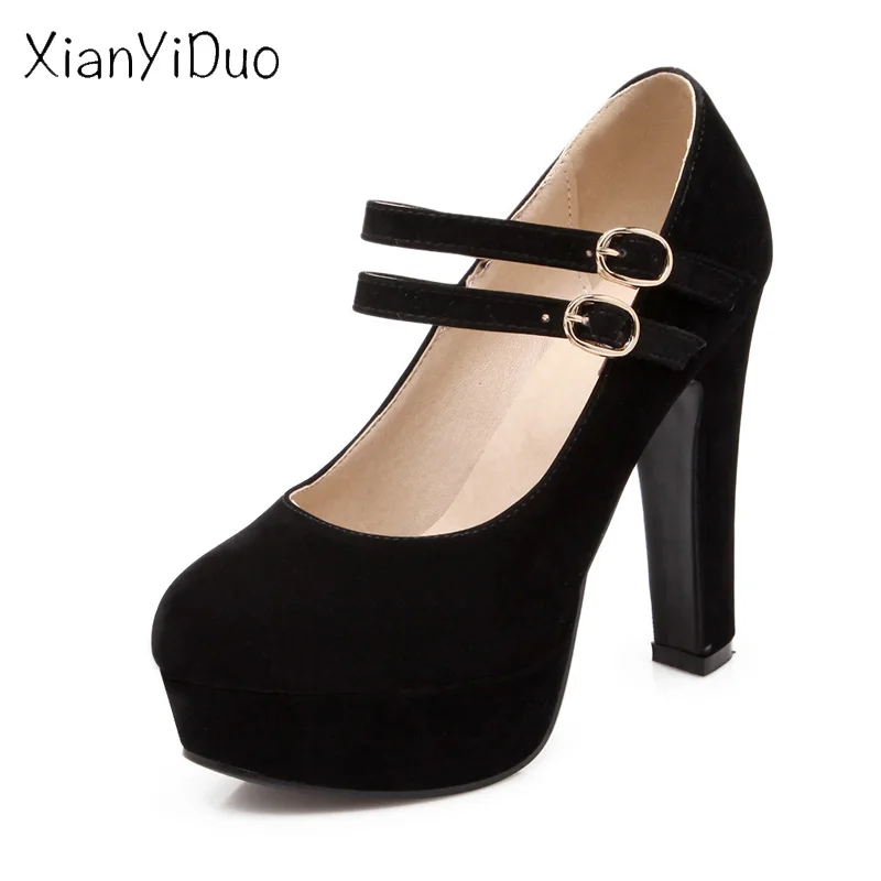 

Xianyiduo Slingbacks 2018 Spring/Autumn Women's Shoes Round Toe super high heels Pumps big size34-47 buckle Platform Beige/99-9