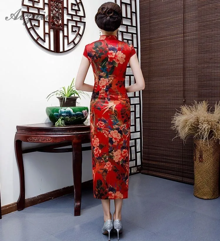 Китайское вечернее атласное шелковое платье для женщин длинный сексуальный район Qipao Летний принт цветочный Чонсам 3XL 4XL vestidos robe Rouge
