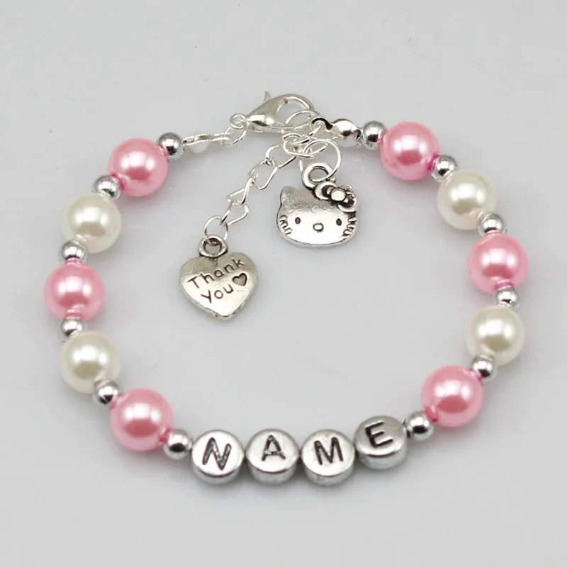 baby Name Personalised Girl Birthday Gift Charm Bracelet cat pink and
