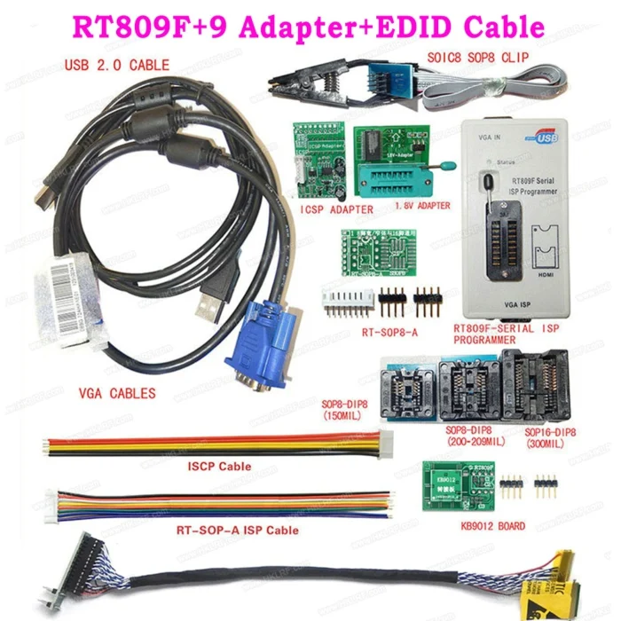 RT809F программатор+ 9 элементов+ 1,8 в/SOP8 SOP16 адаптер гнездо+ Sop8 IC клип VGA lcd ISP универсальный программатор - Цвет: RT809F 9Items