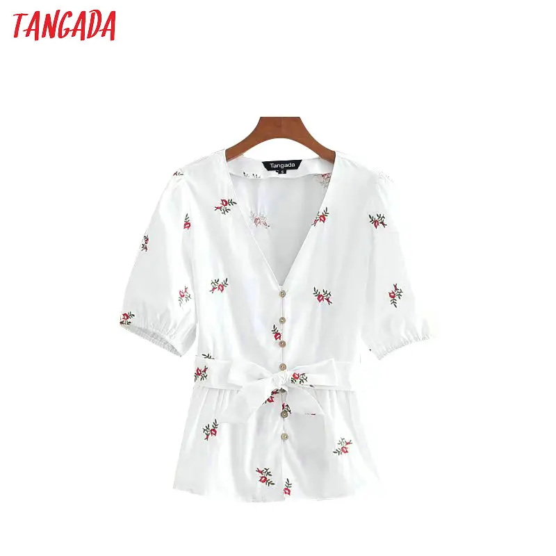 

Tangada summer flower embroidery blouse for summer retro shirt lantern short sleeve boho style bow belt blouses v-neck tops CE21