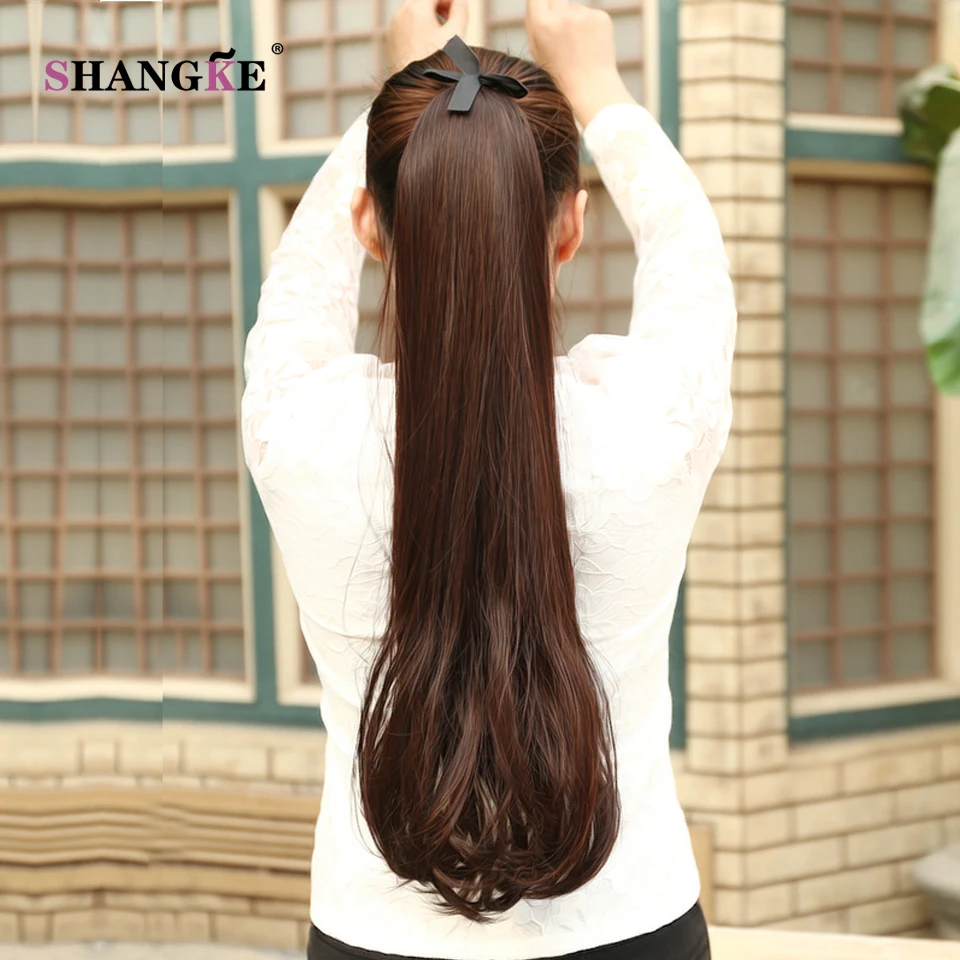  SHANGKE Long Curly Synthetic Ponytail Clip In Ponytail Claw Drawstring Ponytail Heat Resistant Clip