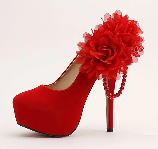ФОТО Super high heels red pumps shoes for woman round toes red flowers proms dress party pumps shoes womens TG852 sales